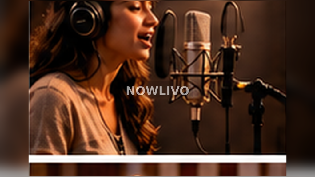 Music director wearing headphones while working with sound engineers and acoustic instruments in a studio