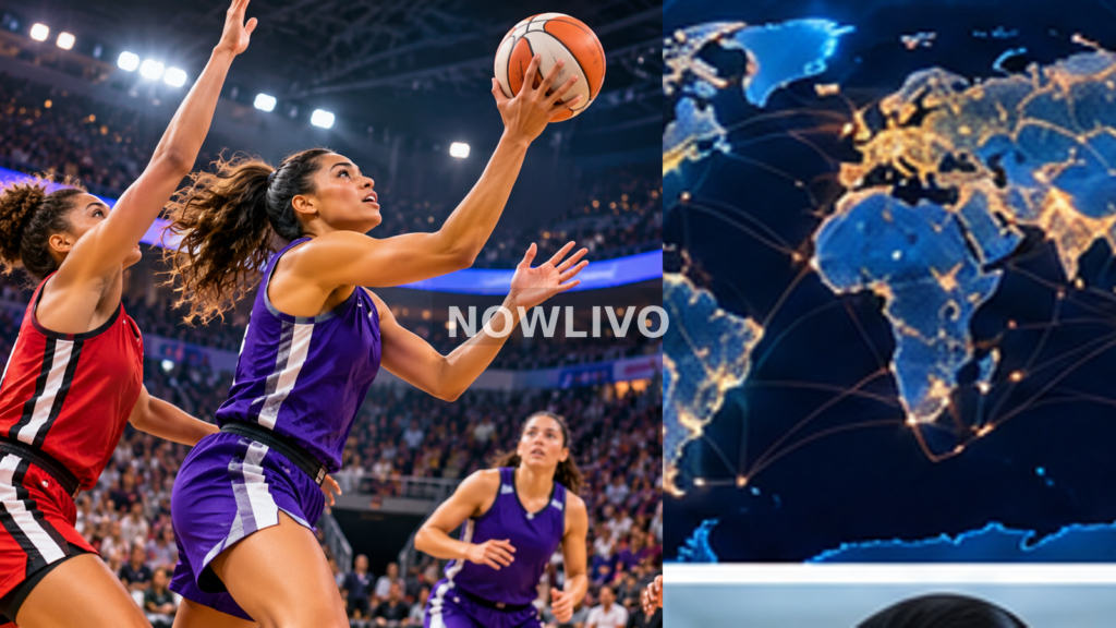 Editorial composite of women’s basketball finals action beside a global network map