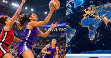 Editorial composite of women’s basketball finals action beside a global network map