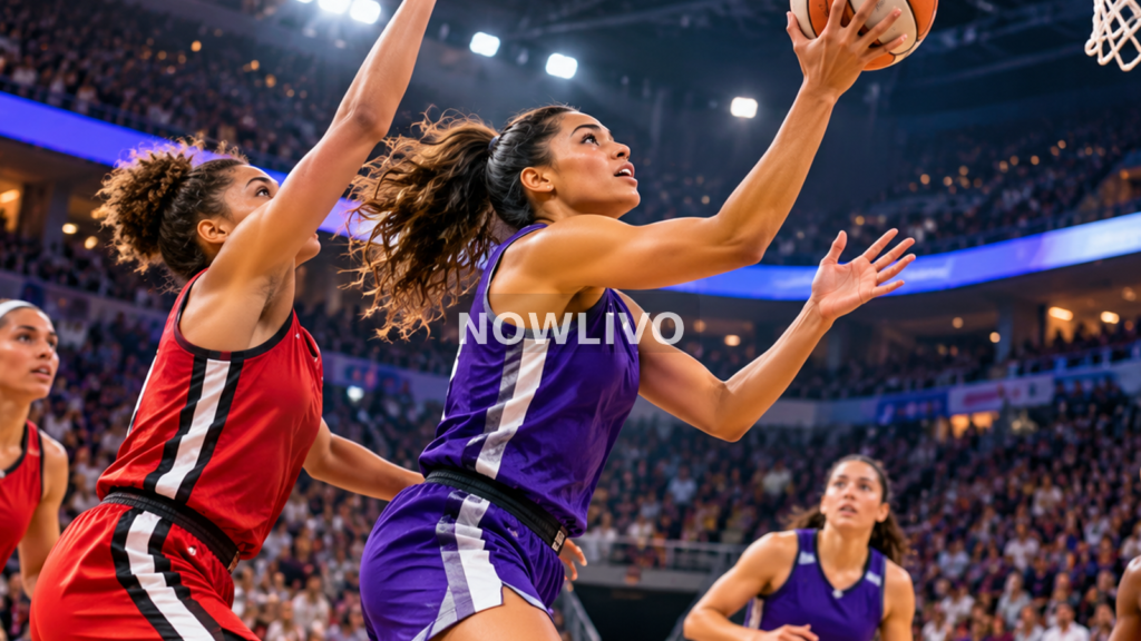 Women basketball players competing at the rim in a closely contested championship game