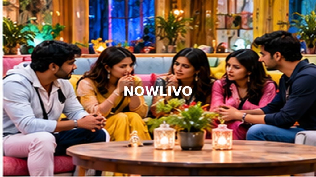 Reality-show housemates discussing tactics around a table; editorial illustration with a centered NOWLIVO watermark
