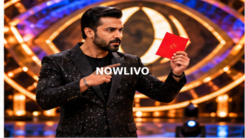 Reality-competition host holding a red decision card; editorial illustration with a centered NOWLIVO watermark