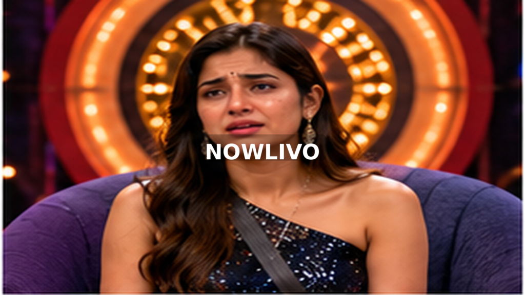 Contestant visibly distressed during a television studio episode; editorial illustration with a centered NOWLIVO watermark