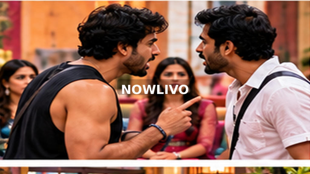 Two male housemates arguing with worried onlookers; editorial illustration with a centered NOWLIVO watermark