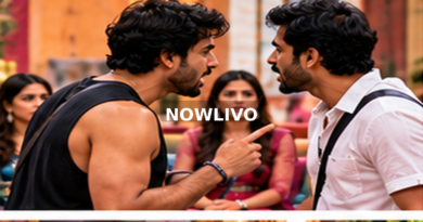 Two male housemates arguing with worried onlookers; editorial illustration with a centered NOWLIVO watermark