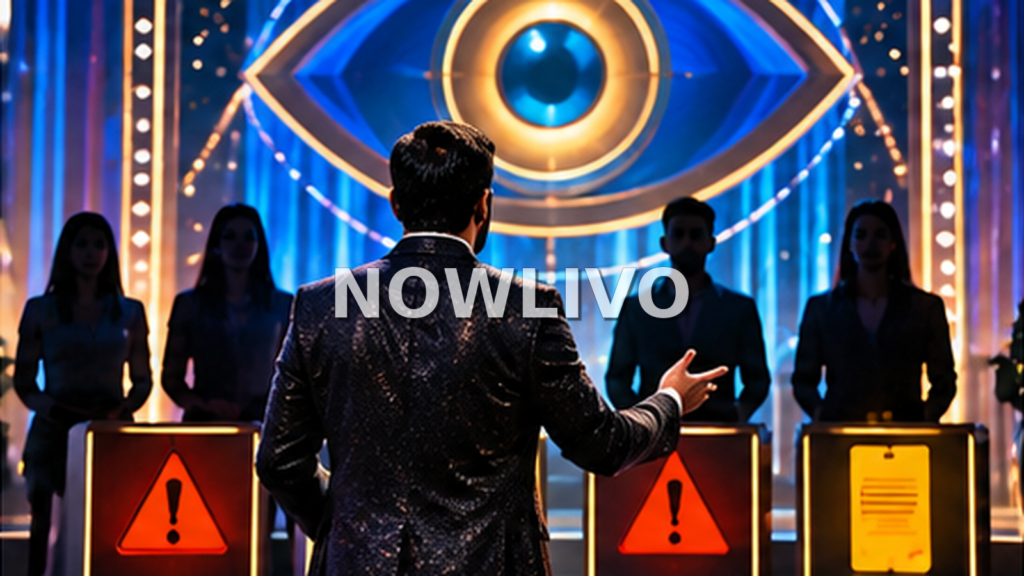 Conceptual television studio with host facing silhouettes and warning markers, illustrating Bigg Boss Telugu 10 weekend accountability discussion.
