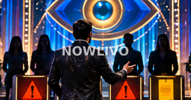 Conceptual television studio with host facing silhouettes and warning markers, illustrating Bigg Boss Telugu 10 weekend accountability discussion.