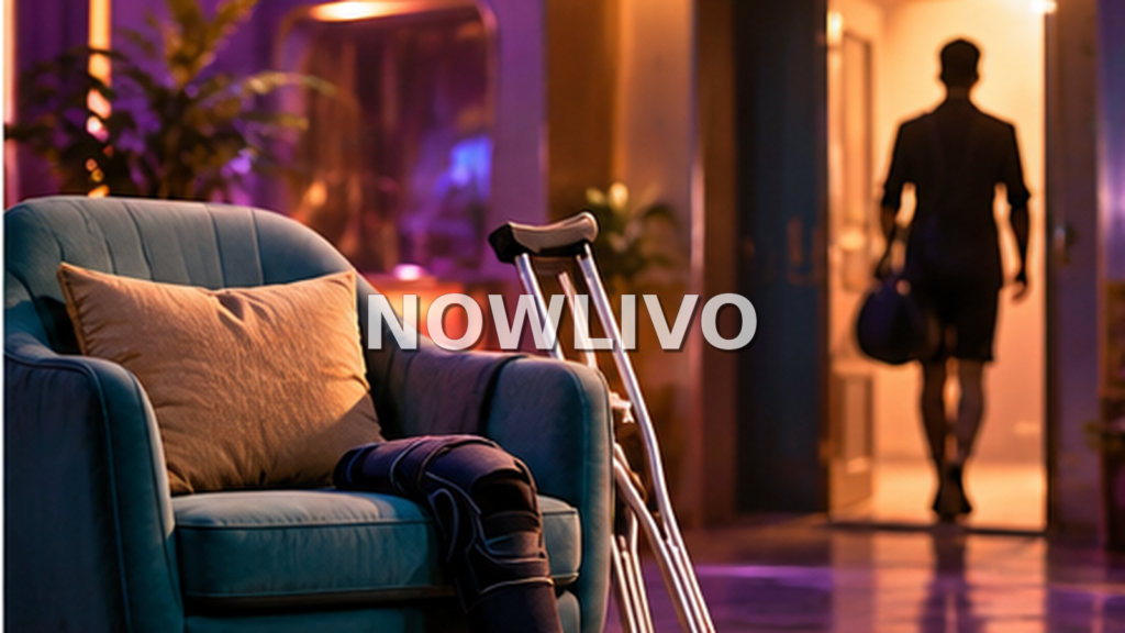 Conceptual editorial illustration of a reality-TV exit corridor, empty chair and crutches representing Raaghav’s medical departure; not an actual photograph.