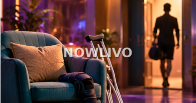 Conceptual editorial illustration of a reality-TV exit corridor, empty chair and crutches representing Raaghav’s medical departure; not an actual photograph.