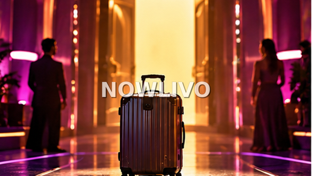 Conceptual editorial illustration of a suitcase before a brightly lit reality-show exit, representing Kavya Gowda’s confirmed eviction, not a real episode still.