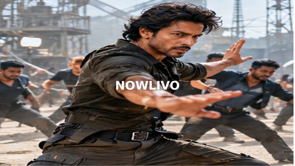 Actor-like action performer rehearsing a fight scene on a film set; editorial illustration with a centered NOWLIVO watermark