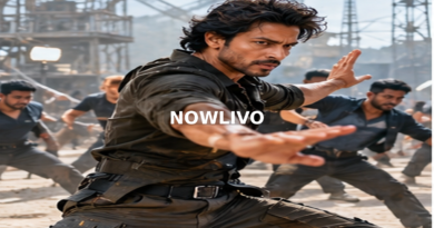 Actor-like action performer rehearsing a fight scene on a film set; editorial illustration with a centered NOWLIVO watermark