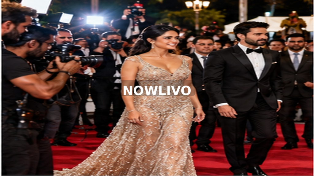 Film stars posing together for photographers at a red carpet; editorial illustration with a centered NOWLIVO watermark