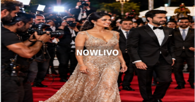 Film stars posing together for photographers at a red carpet; editorial illustration with a centered NOWLIVO watermark