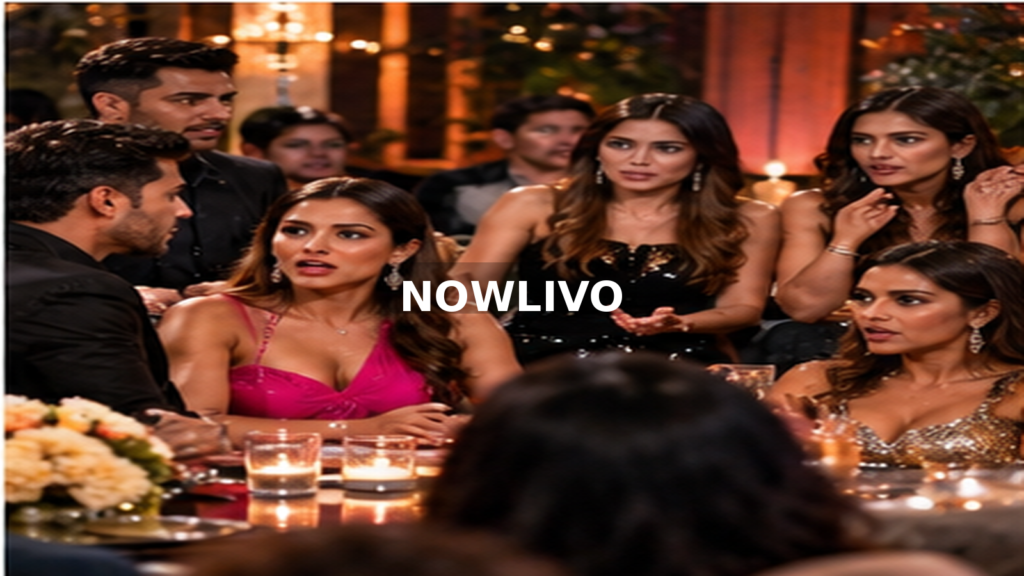 Reality television cast members talking at a social gathering; editorial illustration with a centered NOWLIVO watermark