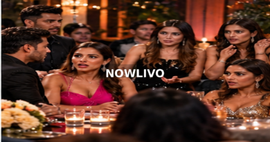Reality television cast members talking at a social gathering; editorial illustration with a centered NOWLIVO watermark