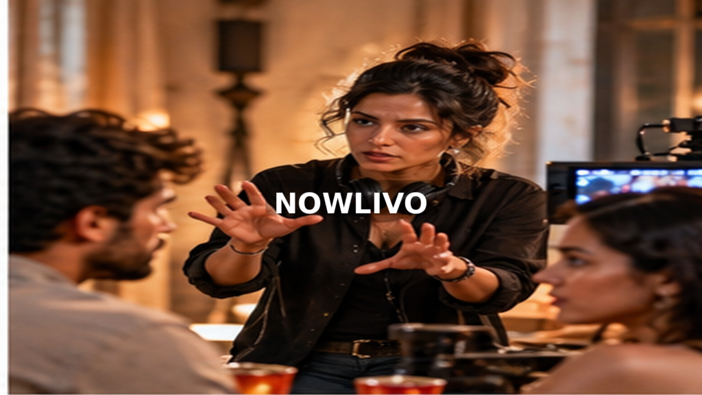 Woman directing actors and cameras on a film set; editorial illustration with a centered NOWLIVO watermark