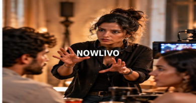 Woman directing actors and cameras on a film set; editorial illustration with a centered NOWLIVO watermark