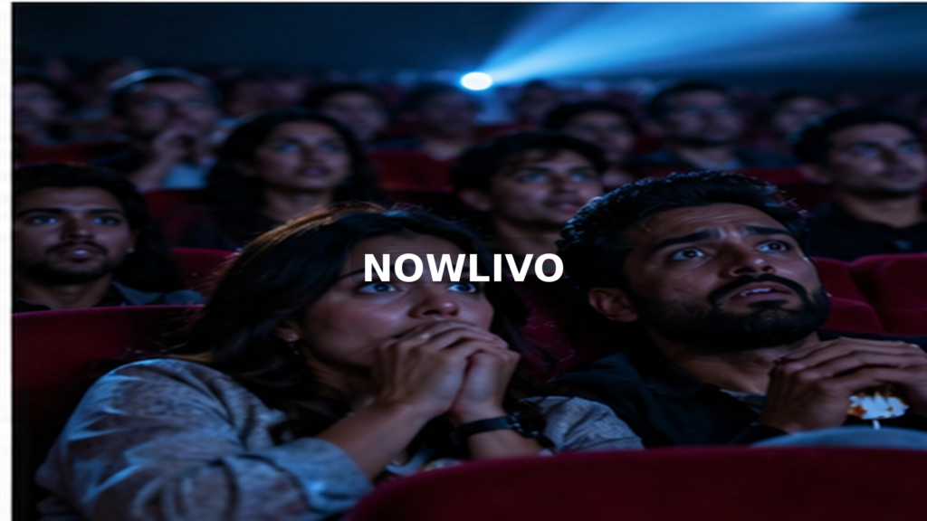 Audience watching a dramatic scene in a dark movie theater; editorial illustration with a centered NOWLIVO watermark