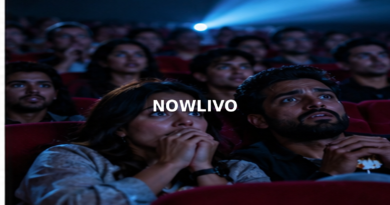Audience watching a dramatic scene in a dark movie theater; editorial illustration with a centered NOWLIVO watermark