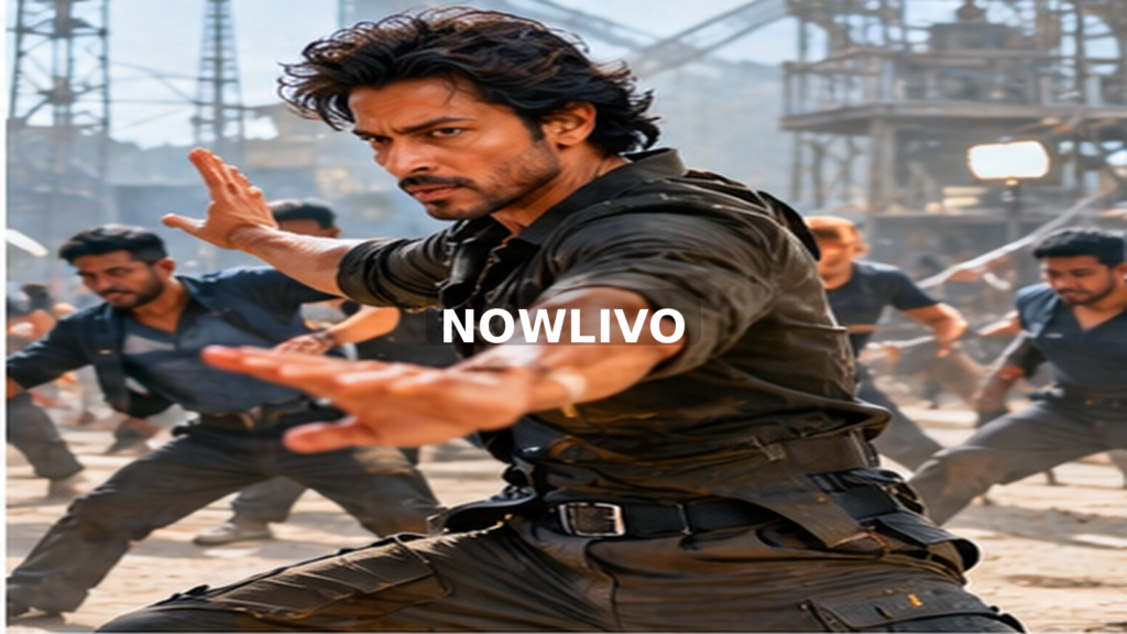 Action performer rehearsing a choreographed fight scene; editorial illustration with a centered NOWLIVO watermark