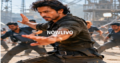 Action performer rehearsing a choreographed fight scene; editorial illustration with a centered NOWLIVO watermark