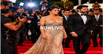 Glamorous celebrity arrival at a red-carpet event; editorial illustration with a centered NOWLIVO watermark