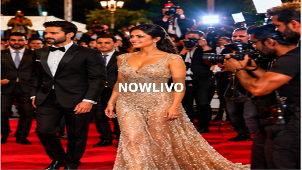 Stars photographed at a formal cinema gala; editorial illustration with a centered NOWLIVO watermark