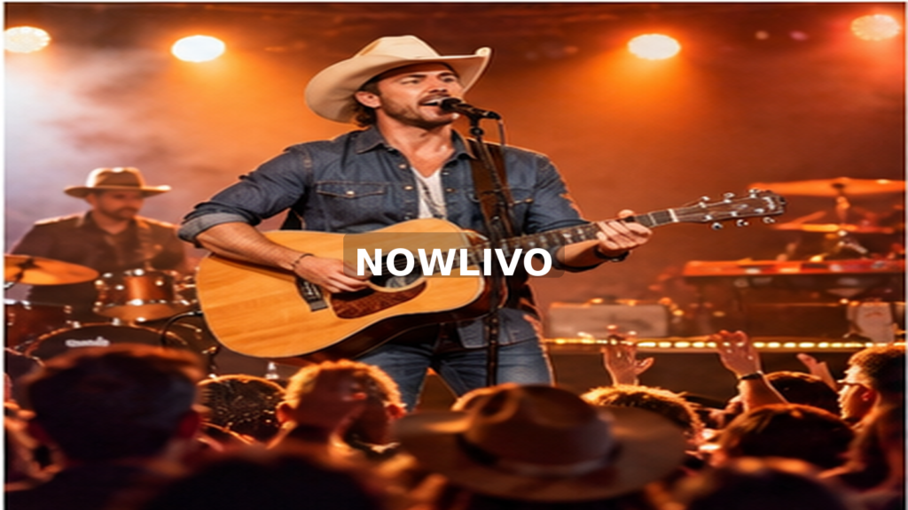 Singer and band performing music under stage lights; editorial illustration with a centered NOWLIVO watermark
