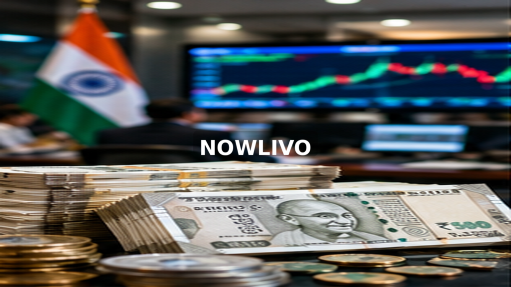 Indian currency beside a stock-market monitor; editorial illustration with a centered NOWLIVO watermark