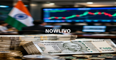Indian currency beside a stock-market monitor; editorial illustration with a centered NOWLIVO watermark