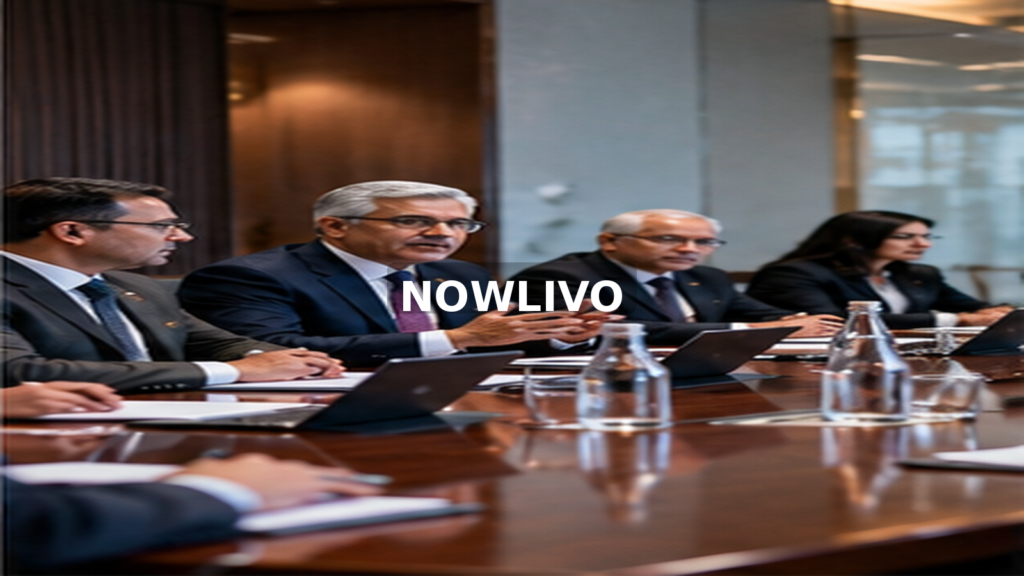 Bank executives reviewing business documents around a meeting table; editorial illustration with a centered NOWLIVO watermark