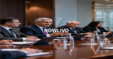 Bank executives reviewing business documents around a meeting table; editorial illustration with a centered NOWLIVO watermark