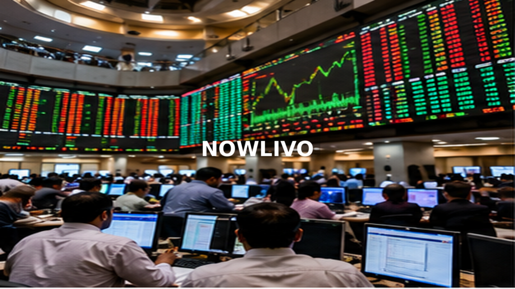 Busy trading hall with a large market-price board; editorial illustration with a centered NOWLIVO watermark