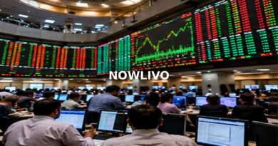 Busy trading hall with a large market-price board; editorial illustration with a centered NOWLIVO watermark