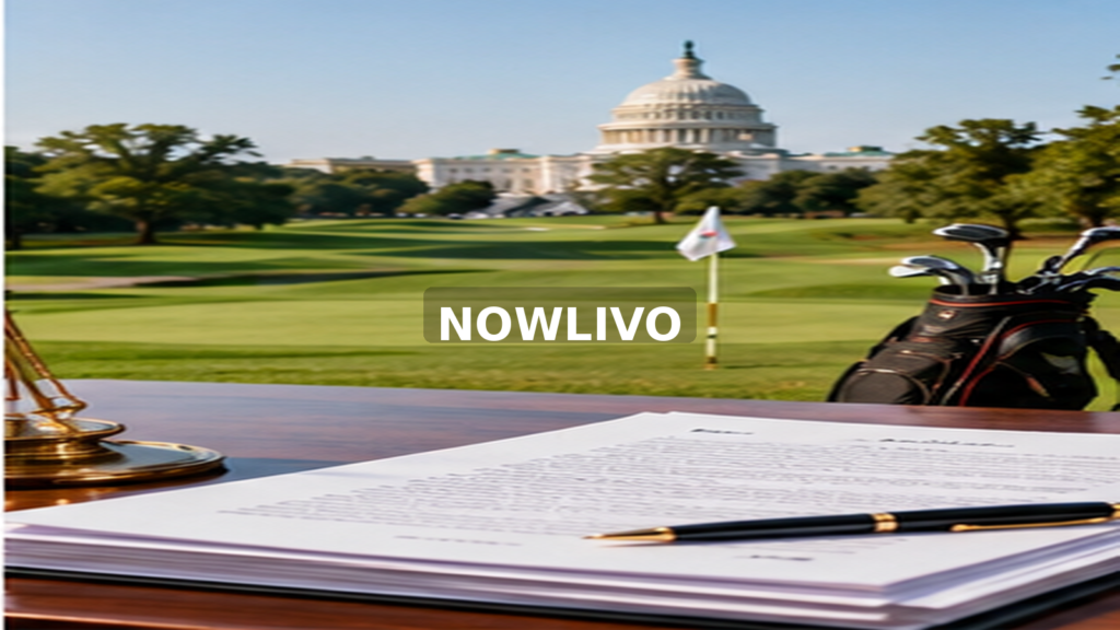 Landscaped golf course near Washington government buildings; editorial illustration with a centered NOWLIVO watermark