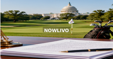 Landscaped golf course near Washington government buildings; editorial illustration with a centered NOWLIVO watermark