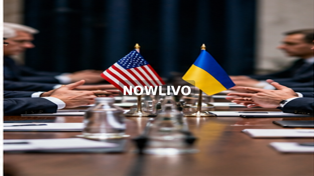 American and Ukrainian flags on a diplomatic negotiating table; editorial illustration with a centered NOWLIVO watermark