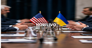 American and Ukrainian flags on a diplomatic negotiating table; editorial illustration with a centered NOWLIVO watermark