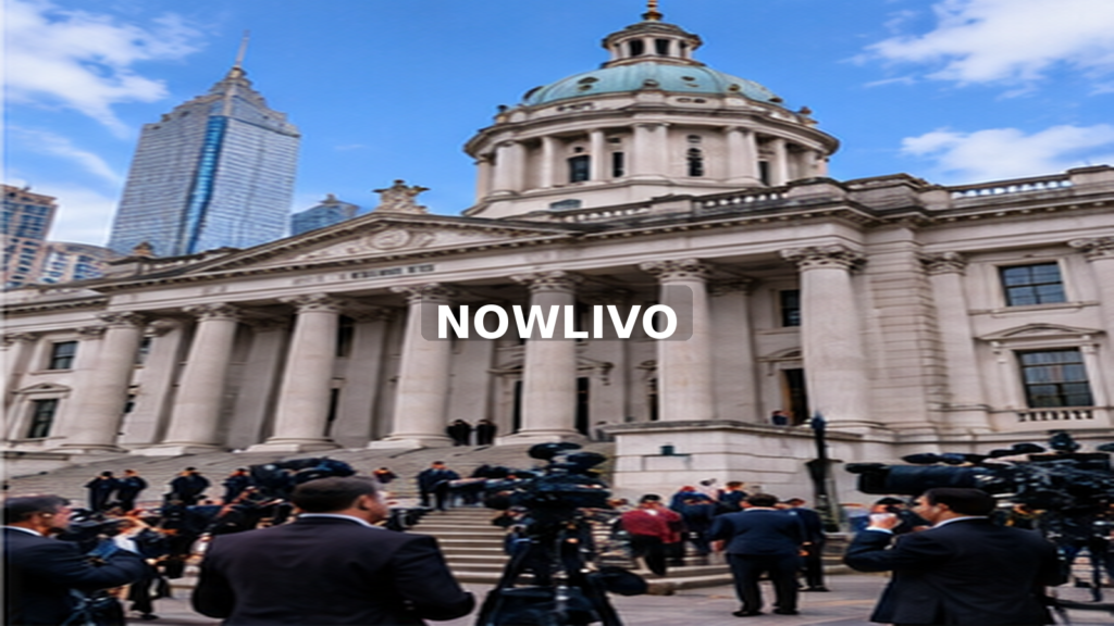 Courthouse exterior with reporters and camera equipment; editorial illustration with a centered NOWLIVO watermark