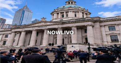 Courthouse exterior with reporters and camera equipment; editorial illustration with a centered NOWLIVO watermark