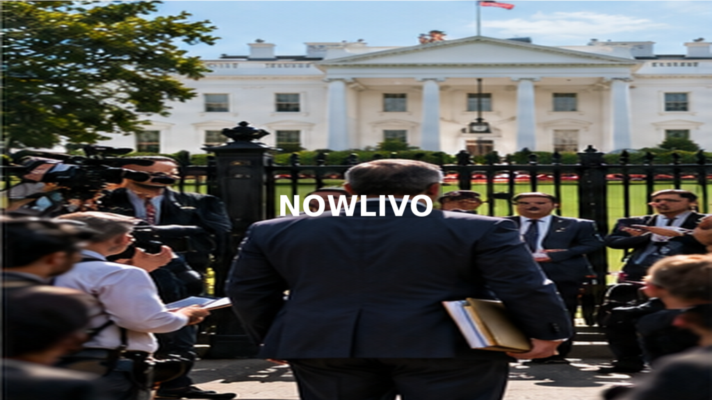 Journalists gathered outside the White House; editorial illustration with a centered NOWLIVO watermark