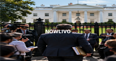 Journalists gathered outside the White House; editorial illustration with a centered NOWLIVO watermark