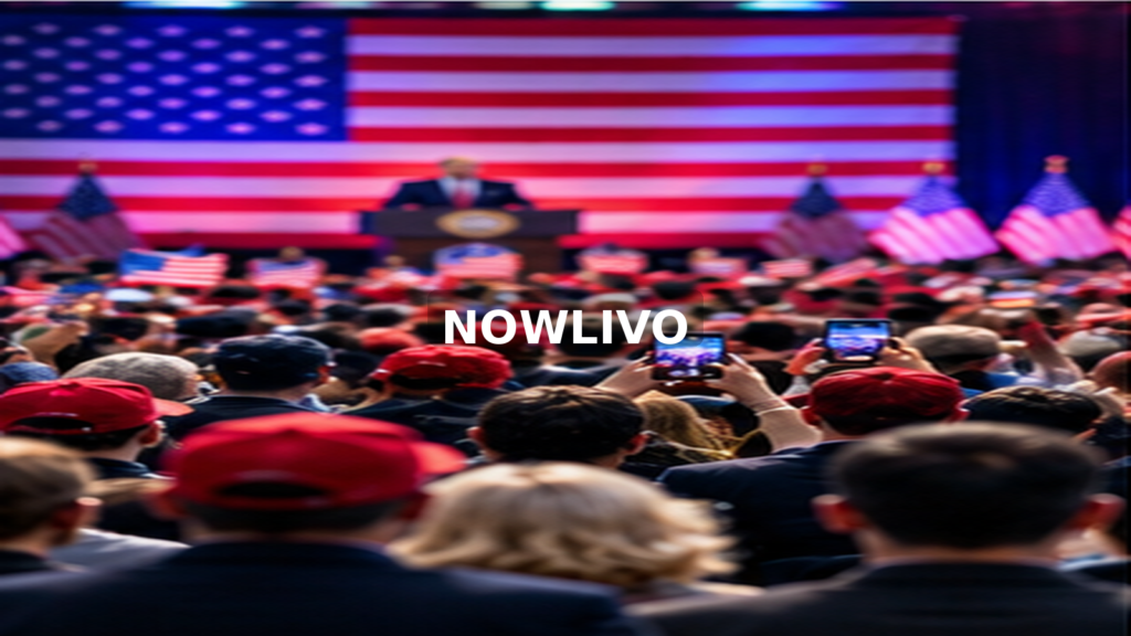 Crowd attending a campaign rally with a speaker on stage; editorial illustration with a centered NOWLIVO watermark