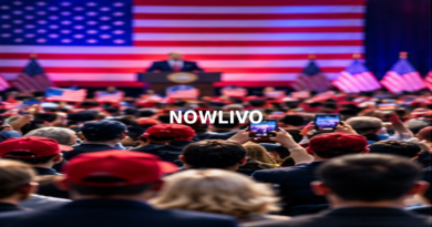 Crowd attending a campaign rally with a speaker on stage; editorial illustration with a centered NOWLIVO watermark