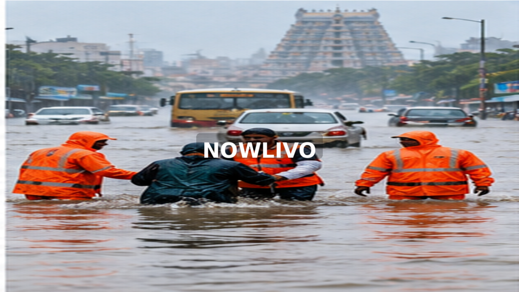 Flood-response workers in an inundated city street; editorial illustration with a centered NOWLIVO watermark