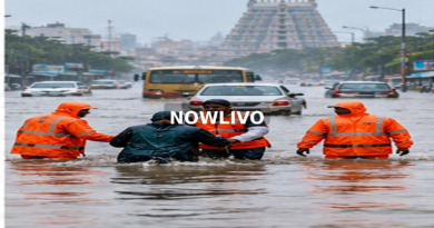 Flood-response workers in an inundated city street; editorial illustration with a centered NOWLIVO watermark