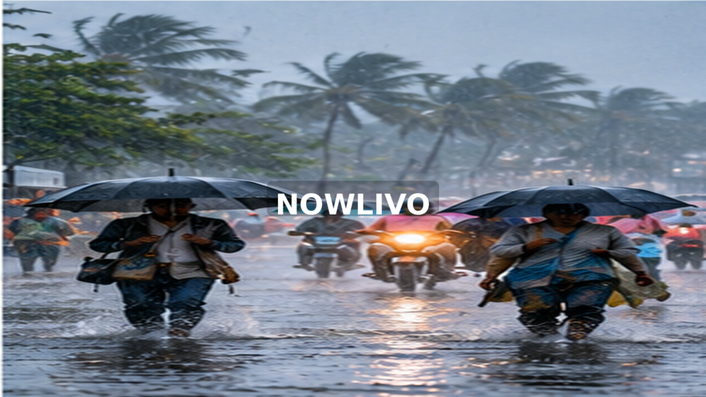 Pedestrians under umbrellas in intense tropical rain; editorial illustration with a centered NOWLIVO watermark