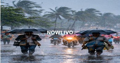 Pedestrians under umbrellas in intense tropical rain; editorial illustration with a centered NOWLIVO watermark