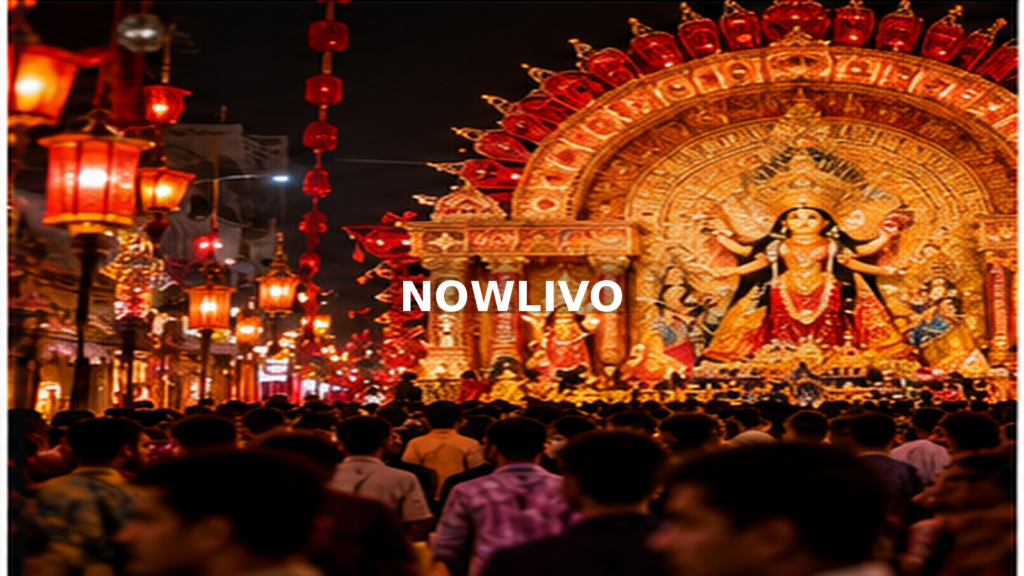 Illuminated Durga Puja display surrounded by festivalgoers; editorial illustration with a centered NOWLIVO watermark